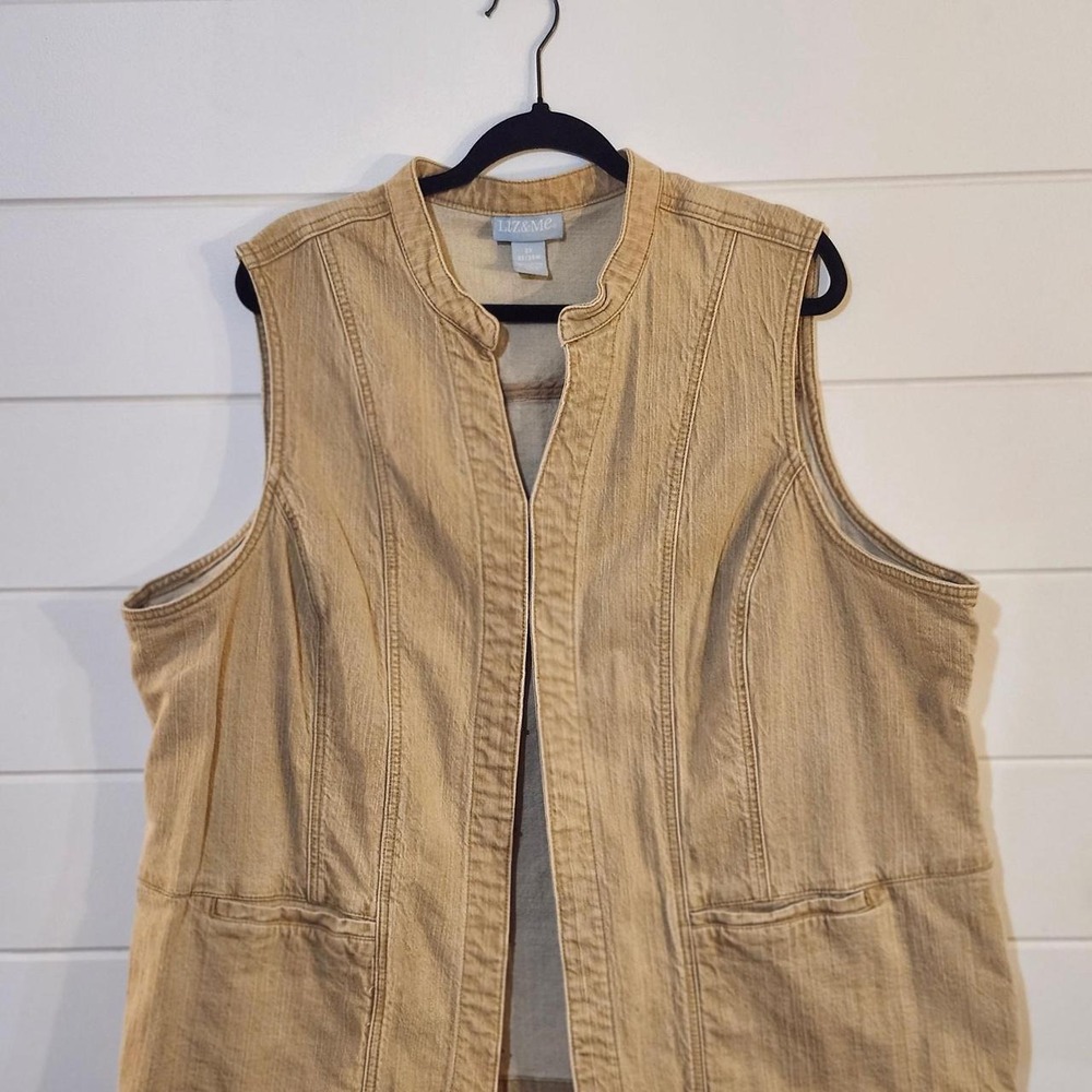 Liz & Me Tan Denim Vest Women XXL 2X 22/24W Neutral Hook Closure Pockets Casual